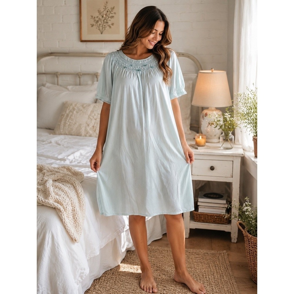 Catalina Aqua Blue Smocked Nightgown House Dress Lounge Sleepwear L
